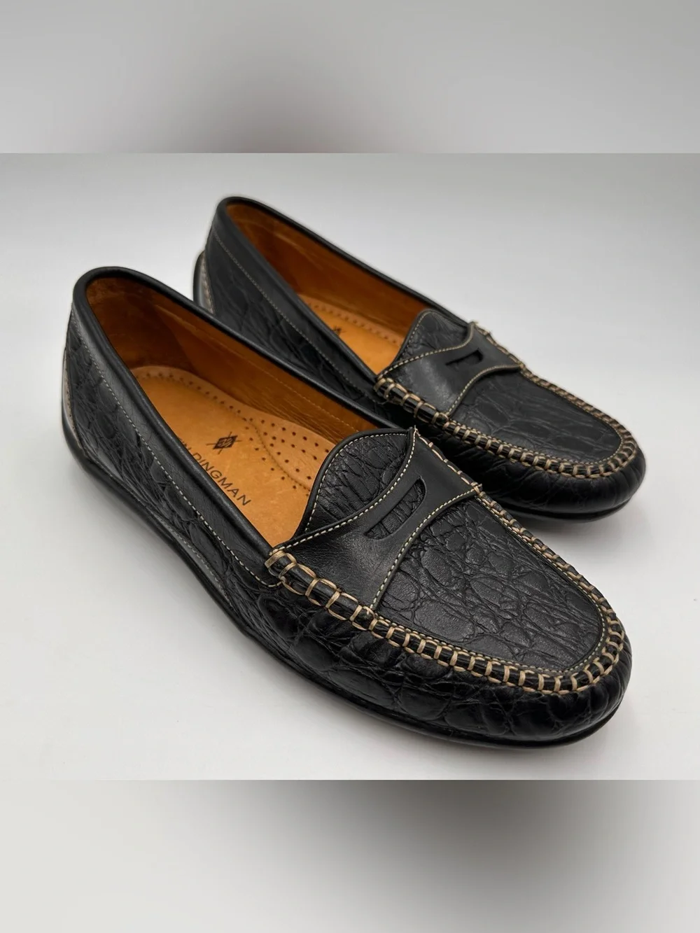 MARTIN DINGMAN MENS LOAFERS SZ 8.5 BLACK ALLIGATOR GRAIN LEATHER DRIVING SHOES